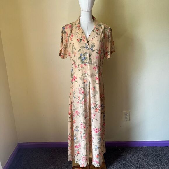 Vintage Cottagecore Floral Maxi‎ Dress 100% Silk Button Front Tie Waist Large - Picture 1 of 8